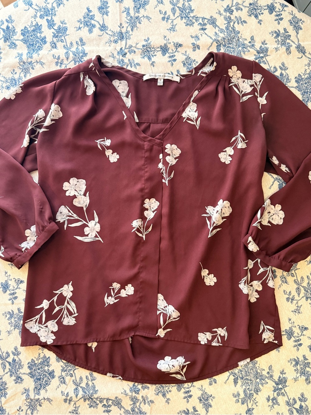 Collective Concepts Burgundy Floral V-Neck Blouse